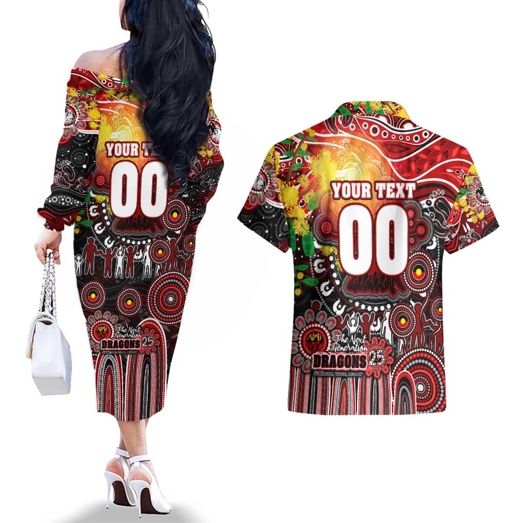 Personalised NAIDOC Week 2025 Dragons Rugby Couples Matching Off The Shoulder Long Sleeve Dress and Hawaiian Shirt Aboriginal Dot Painting