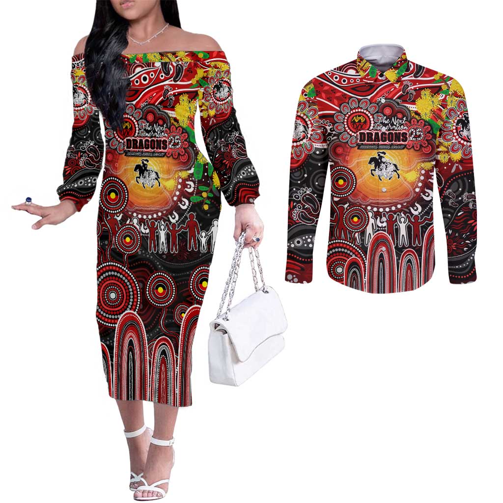 Personalised NAIDOC Week 2025 Dragons Rugby Couples Matching Off The Shoulder Long Sleeve Dress and Long Sleeve Button Shirt Aboriginal Dot Painting