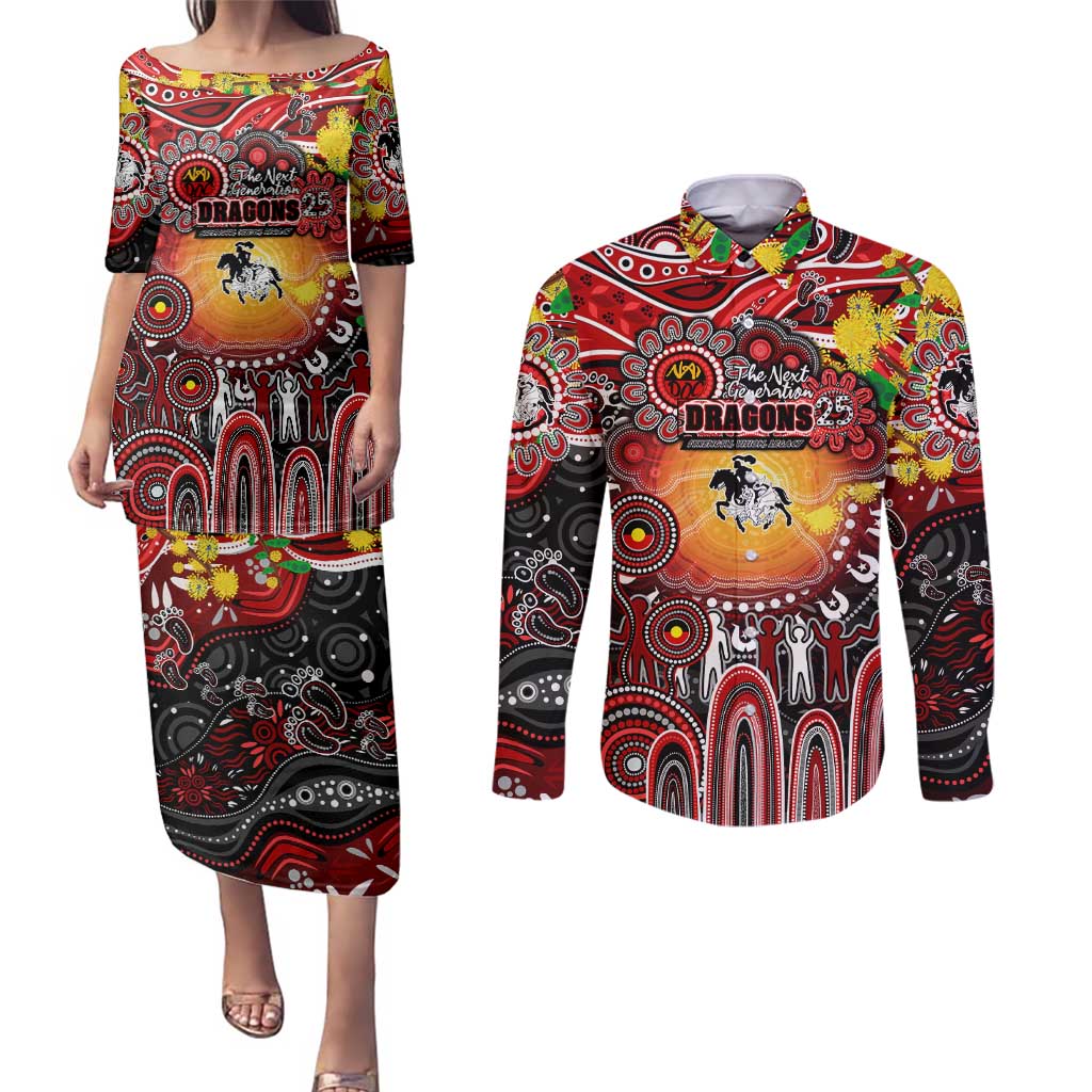 Personalised NAIDOC Week 2025 Dragons Rugby Couples Matching Puletasi and Long Sleeve Button Shirt Aboriginal Dot Painting