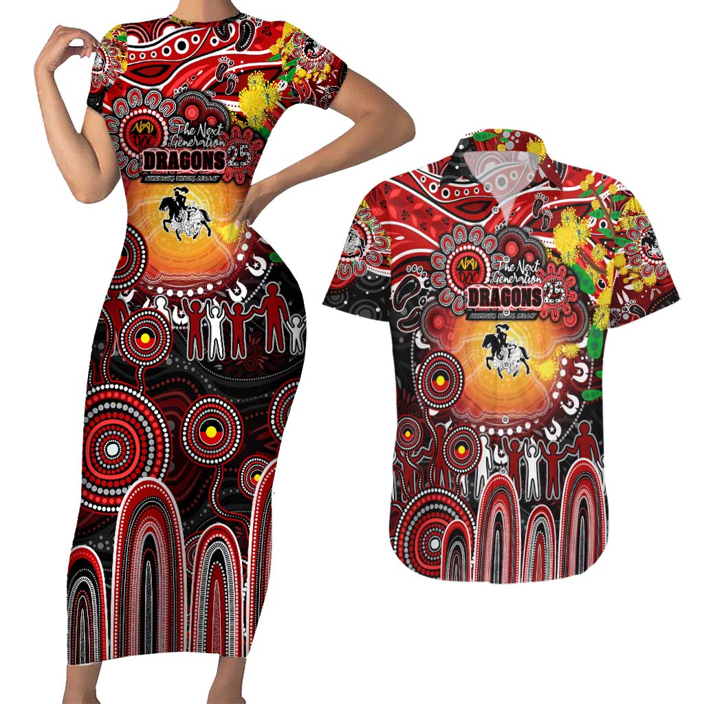 Personalised NAIDOC Week 2025 Dragons Rugby Couples Matching Short Sleeve Bodycon Dress and Hawaiian Shirt Aboriginal Dot Painting