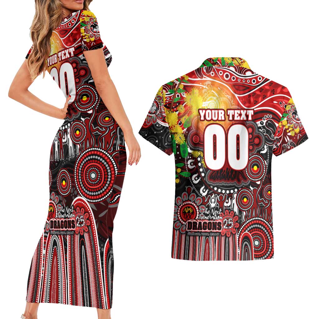 Personalised NAIDOC Week 2025 Dragons Rugby Couples Matching Short Sleeve Bodycon Dress and Hawaiian Shirt Aboriginal Dot Painting