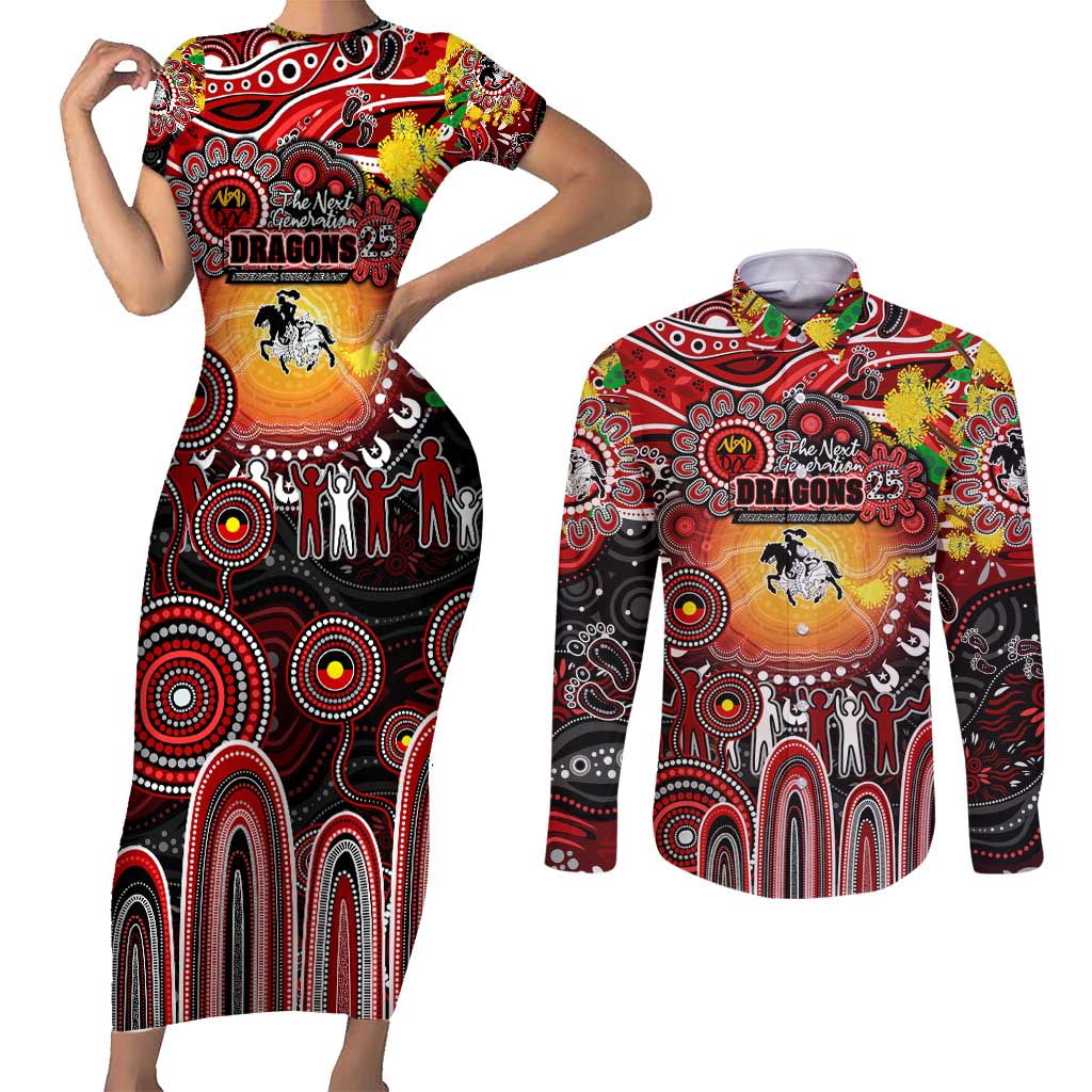 Personalised NAIDOC Week 2025 Dragons Rugby Couples Matching Short Sleeve Bodycon Dress and Long Sleeve Button Shirt Aboriginal Dot Painting