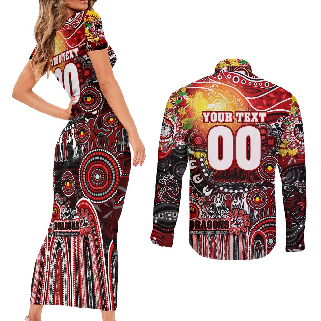 Personalised NAIDOC Week 2025 Dragons Rugby Couples Matching Short Sleeve Bodycon Dress and Long Sleeve Button Shirt Aboriginal Dot Painting