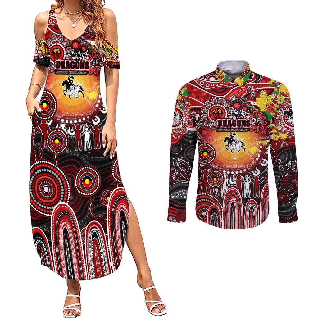 Personalised NAIDOC Week 2025 Dragons Rugby Couples Matching Summer Maxi Dress and Long Sleeve Button Shirt Aboriginal Dot Painting