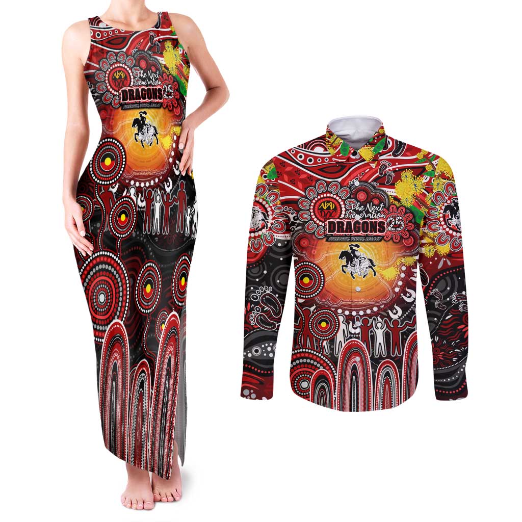 Personalised NAIDOC Week 2025 Dragons Rugby Couples Matching Tank Maxi Dress and Long Sleeve Button Shirt Aboriginal Dot Painting