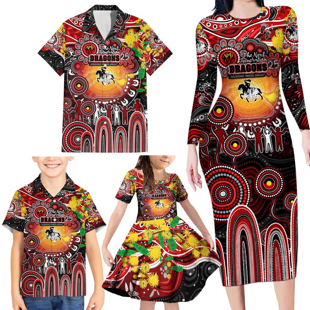 Personalised NAIDOC Week 2025 Dragons Rugby Family Matching Long Sleeve Bodycon Dress and Hawaiian Shirt Aboriginal Dot Painting