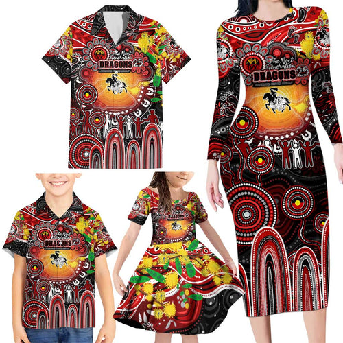 Personalised NAIDOC Week 2025 Dragons Rugby Family Matching Long Sleeve Bodycon Dress and Hawaiian Shirt Aboriginal Dot Painting