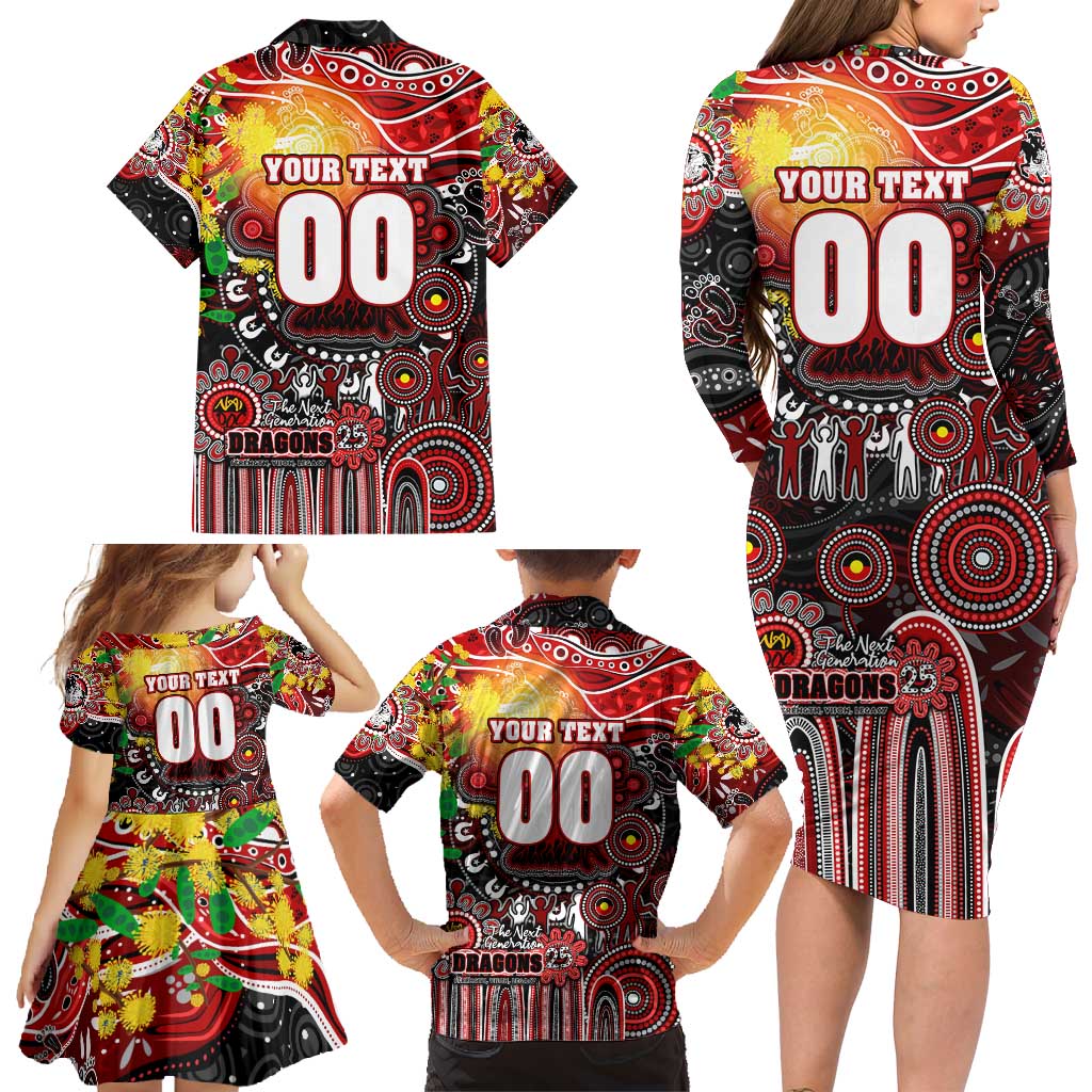 Personalised NAIDOC Week 2025 Dragons Rugby Family Matching Long Sleeve Bodycon Dress and Hawaiian Shirt Aboriginal Dot Painting