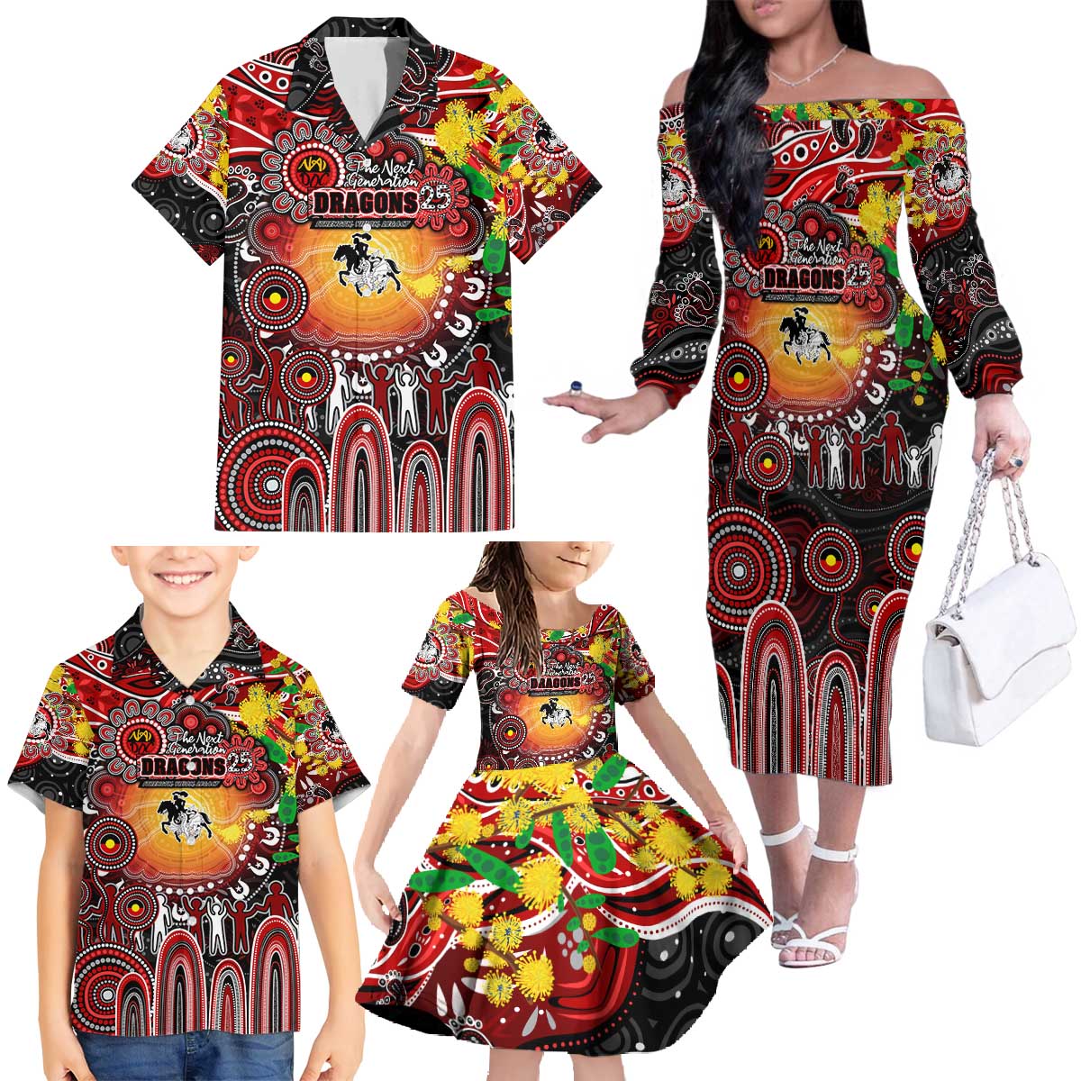 Personalised NAIDOC Week 2025 Dragons Rugby Family Matching Off The Shoulder Long Sleeve Dress and Hawaiian Shirt Aboriginal Dot Painting