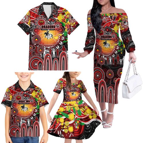 Personalised NAIDOC Week 2025 Dragons Rugby Family Matching Off The Shoulder Long Sleeve Dress and Hawaiian Shirt Aboriginal Dot Painting