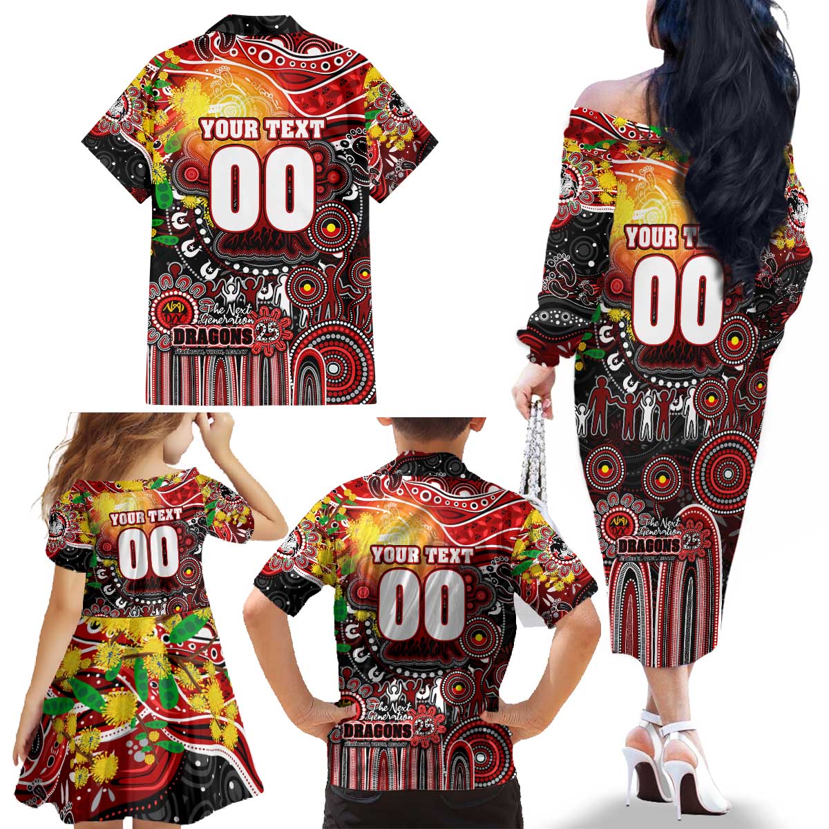Personalised NAIDOC Week 2025 Dragons Rugby Family Matching Off The Shoulder Long Sleeve Dress and Hawaiian Shirt Aboriginal Dot Painting