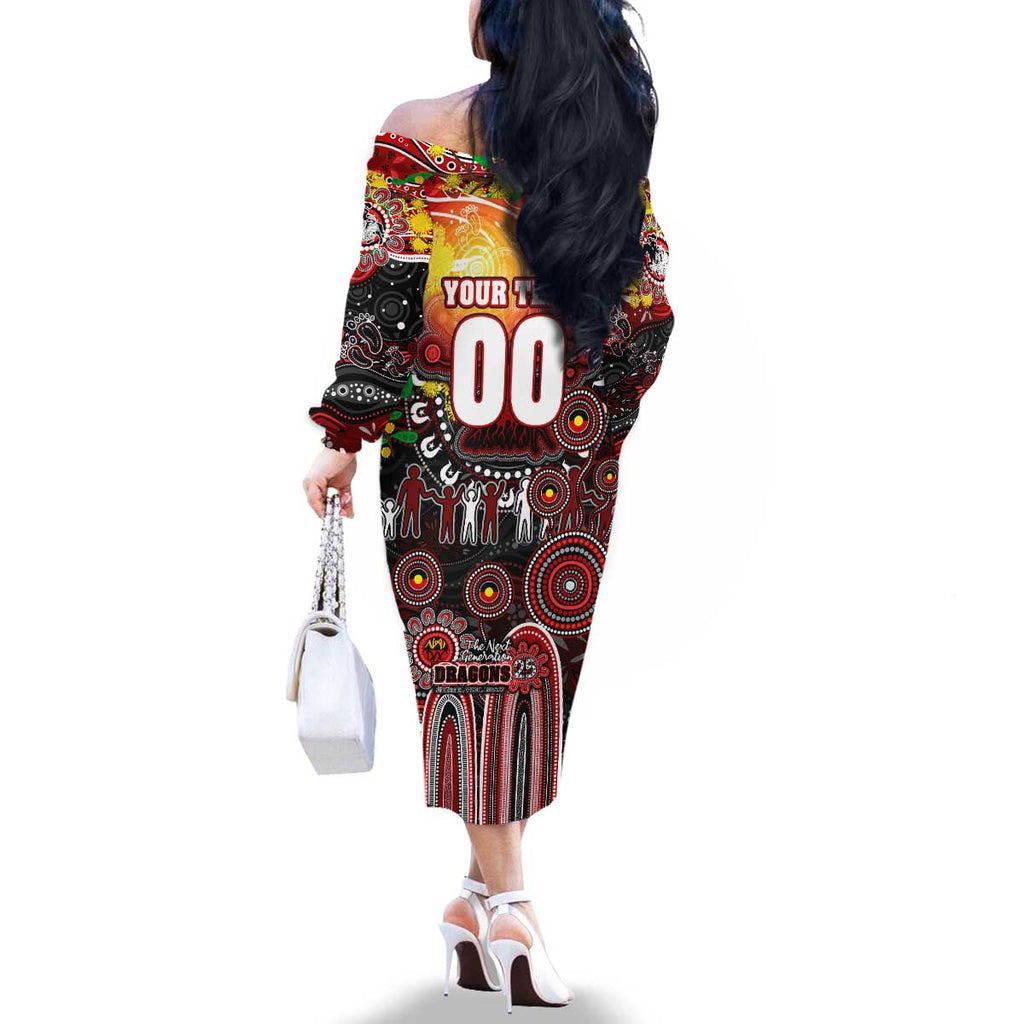 Personalised NAIDOC Week 2025 Dragons Rugby Family Matching Off The Shoulder Long Sleeve Dress and Hawaiian Shirt Aboriginal Dot Painting