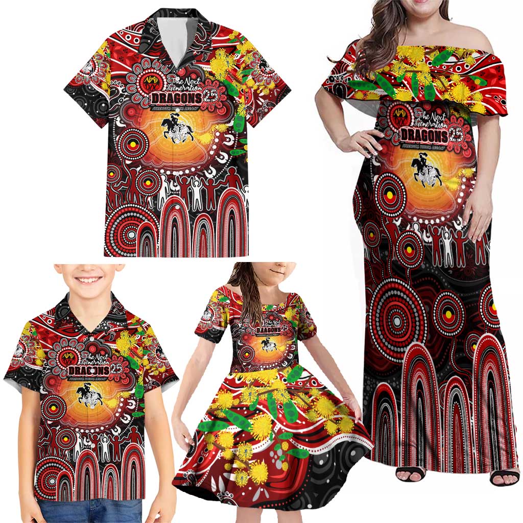 Personalised NAIDOC Week 2025 Dragons Rugby Family Matching Off Shoulder Maxi Dress and Hawaiian Shirt Aboriginal Dot Painting