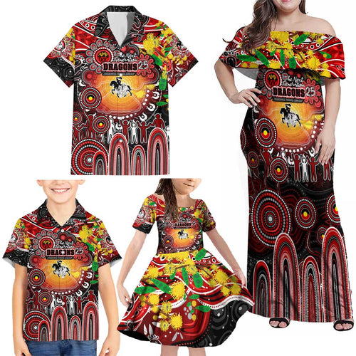 Personalised NAIDOC Week 2025 Dragons Rugby Family Matching Off Shoulder Maxi Dress and Hawaiian Shirt Aboriginal Dot Painting