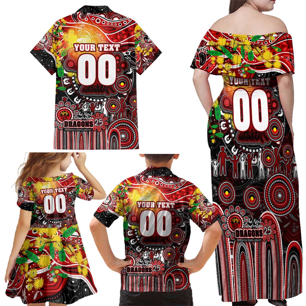 Personalised NAIDOC Week 2025 Dragons Rugby Family Matching Off Shoulder Maxi Dress and Hawaiian Shirt Aboriginal Dot Painting