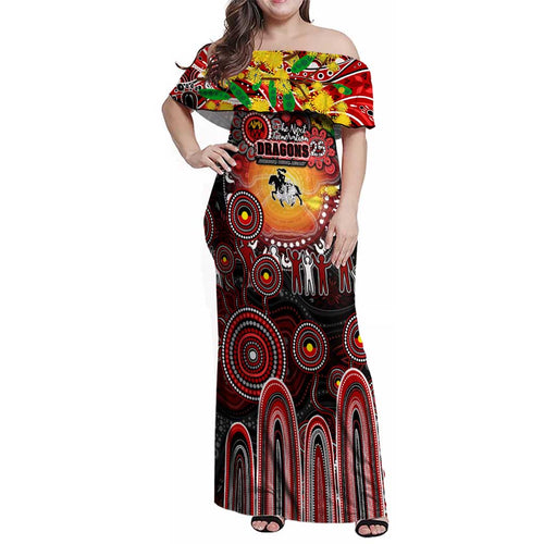 Personalised NAIDOC Week 2025 Dragons Rugby Family Matching Off Shoulder Maxi Dress and Hawaiian Shirt Aboriginal Dot Painting