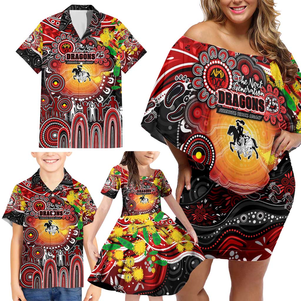 Personalised NAIDOC Week 2025 Dragons Rugby Family Matching Off Shoulder Short Dress and Hawaiian Shirt Aboriginal Dot Painting