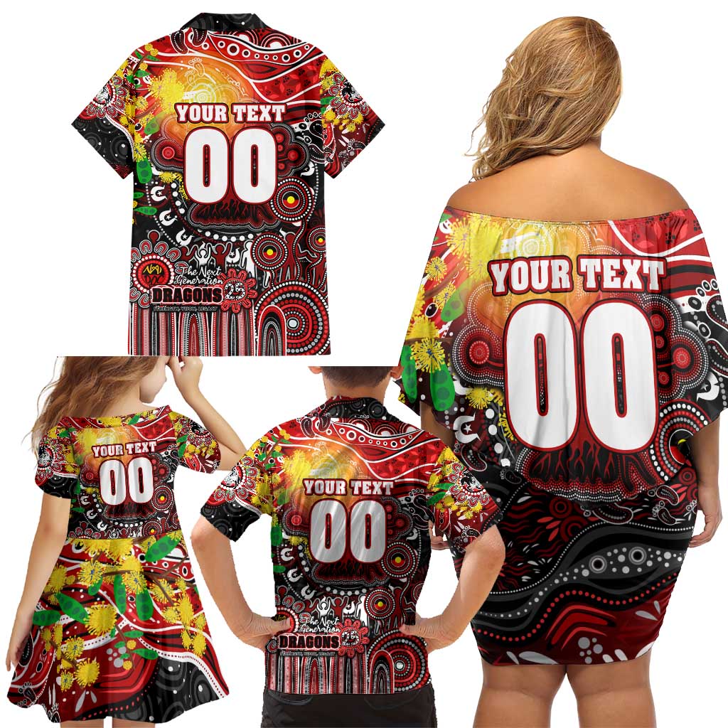 Personalised NAIDOC Week 2025 Dragons Rugby Family Matching Off Shoulder Short Dress and Hawaiian Shirt Aboriginal Dot Painting