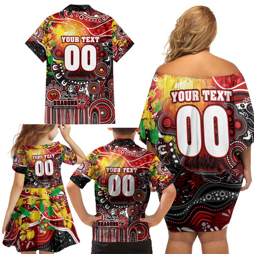 Personalised NAIDOC Week 2025 Dragons Rugby Family Matching Off Shoulder Short Dress and Hawaiian Shirt Aboriginal Dot Painting