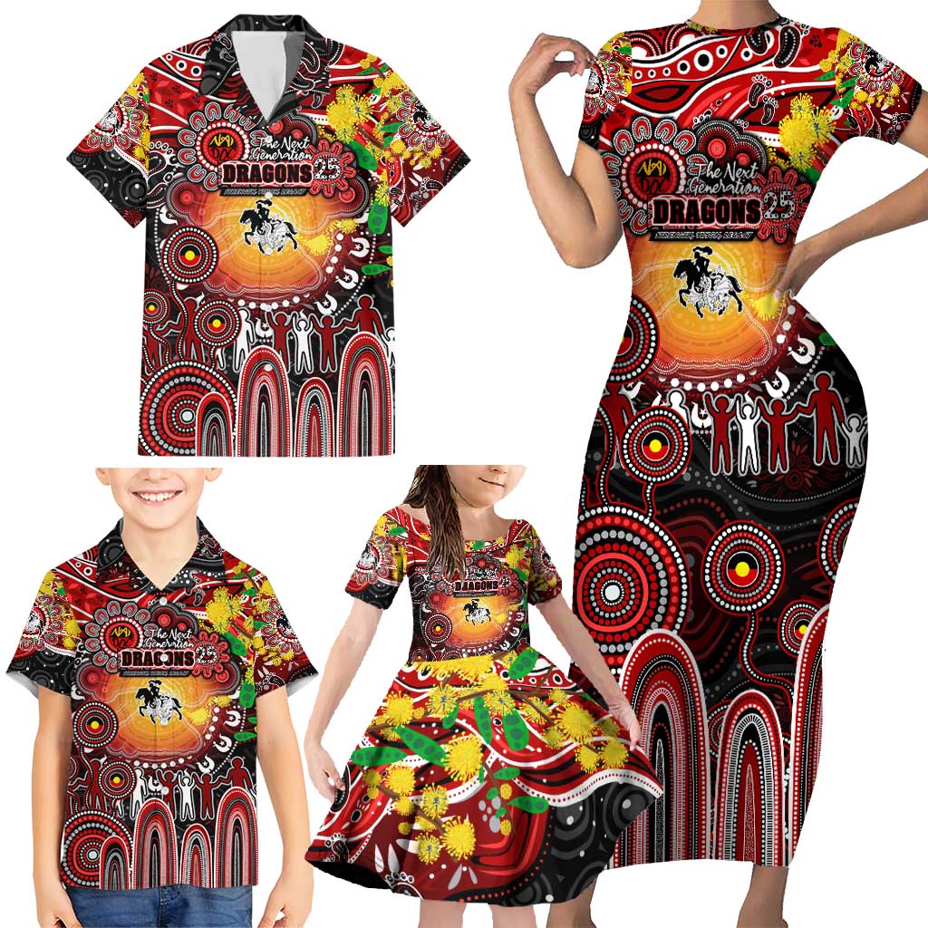 Personalised NAIDOC Week 2025 Dragons Rugby Family Matching Short Sleeve Bodycon Dress and Hawaiian Shirt Aboriginal Dot Painting