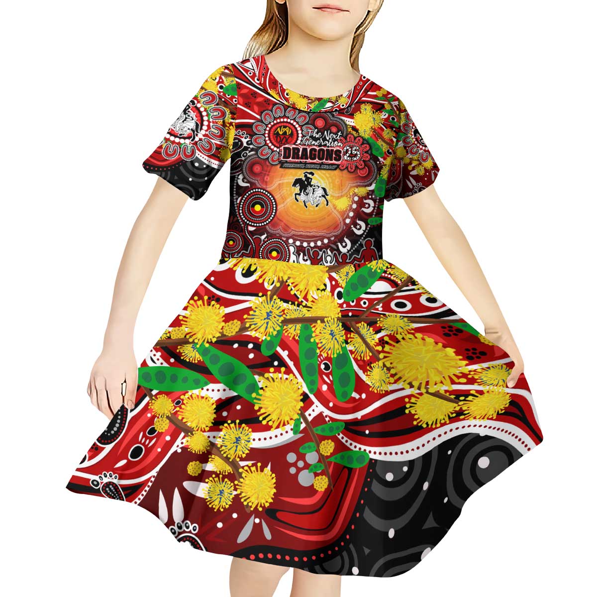Personalised NAIDOC Week 2025 Dragons Rugby Kid Short Sleeve Dress Aboriginal Dot Painting