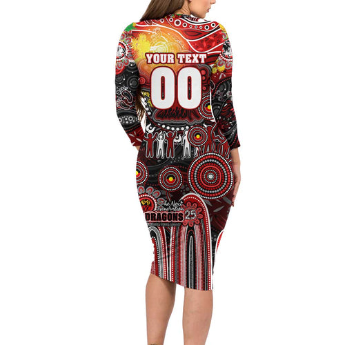 Personalised NAIDOC Week 2025 Dragons Rugby Long Sleeve Bodycon Dress Aboriginal Dot Painting