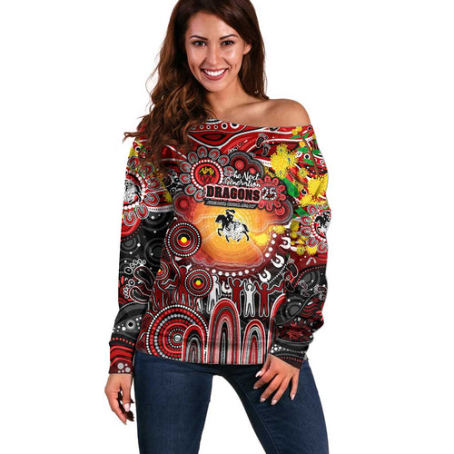 Personalised NAIDOC Week 2025 Dragons Rugby Off Shoulder Sweater Aboriginal Dot Painting