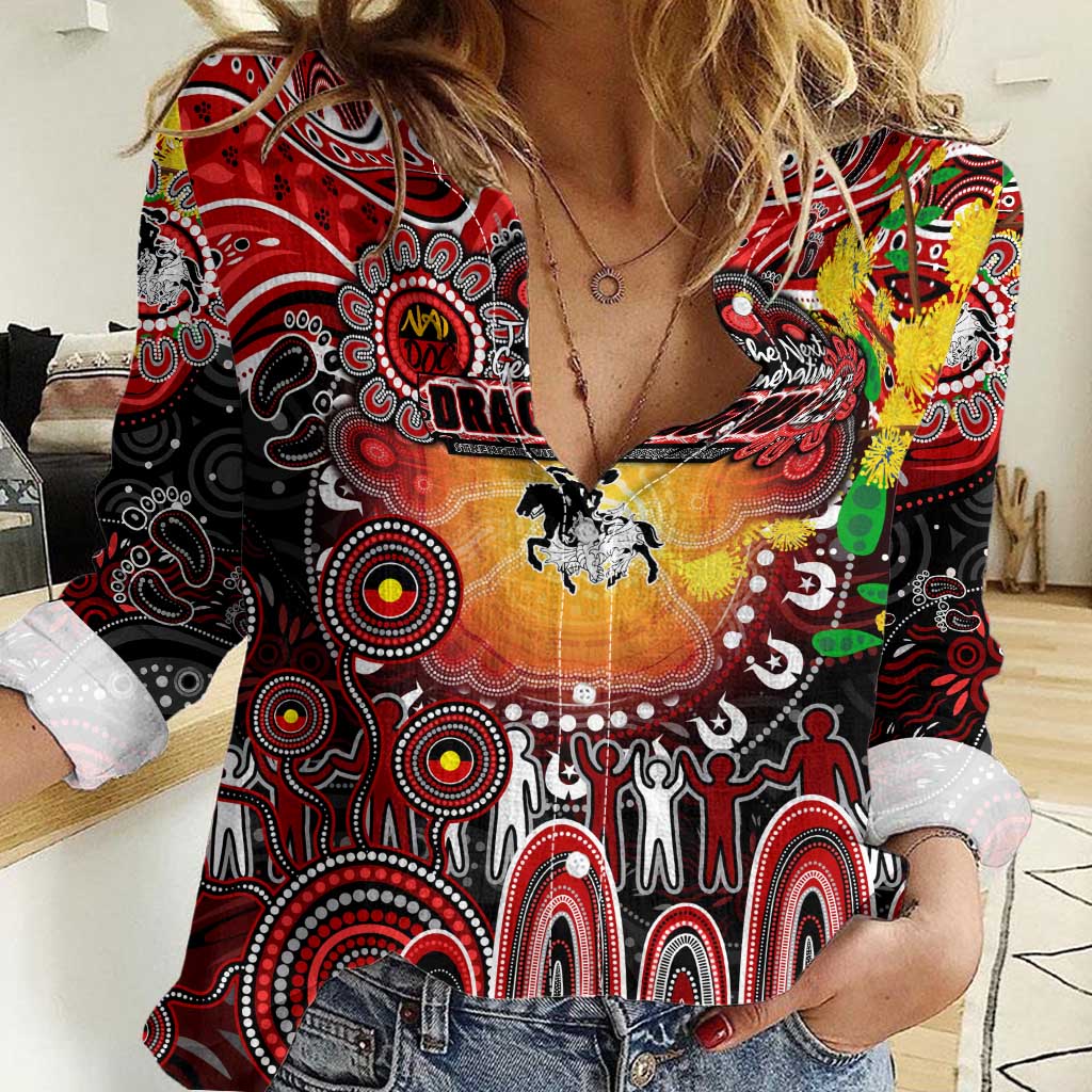 Personalised NAIDOC Week 2025 Dragons Rugby Women Casual Shirt Aboriginal Dot Painting