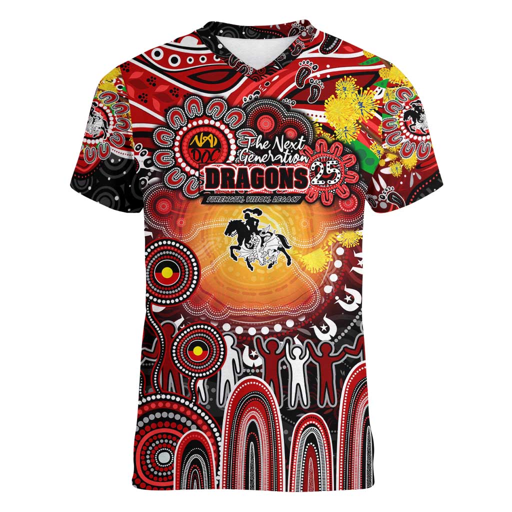 Personalised NAIDOC Week 2025 Dragons Rugby Women V-Neck T-Shirt Aboriginal Dot Painting