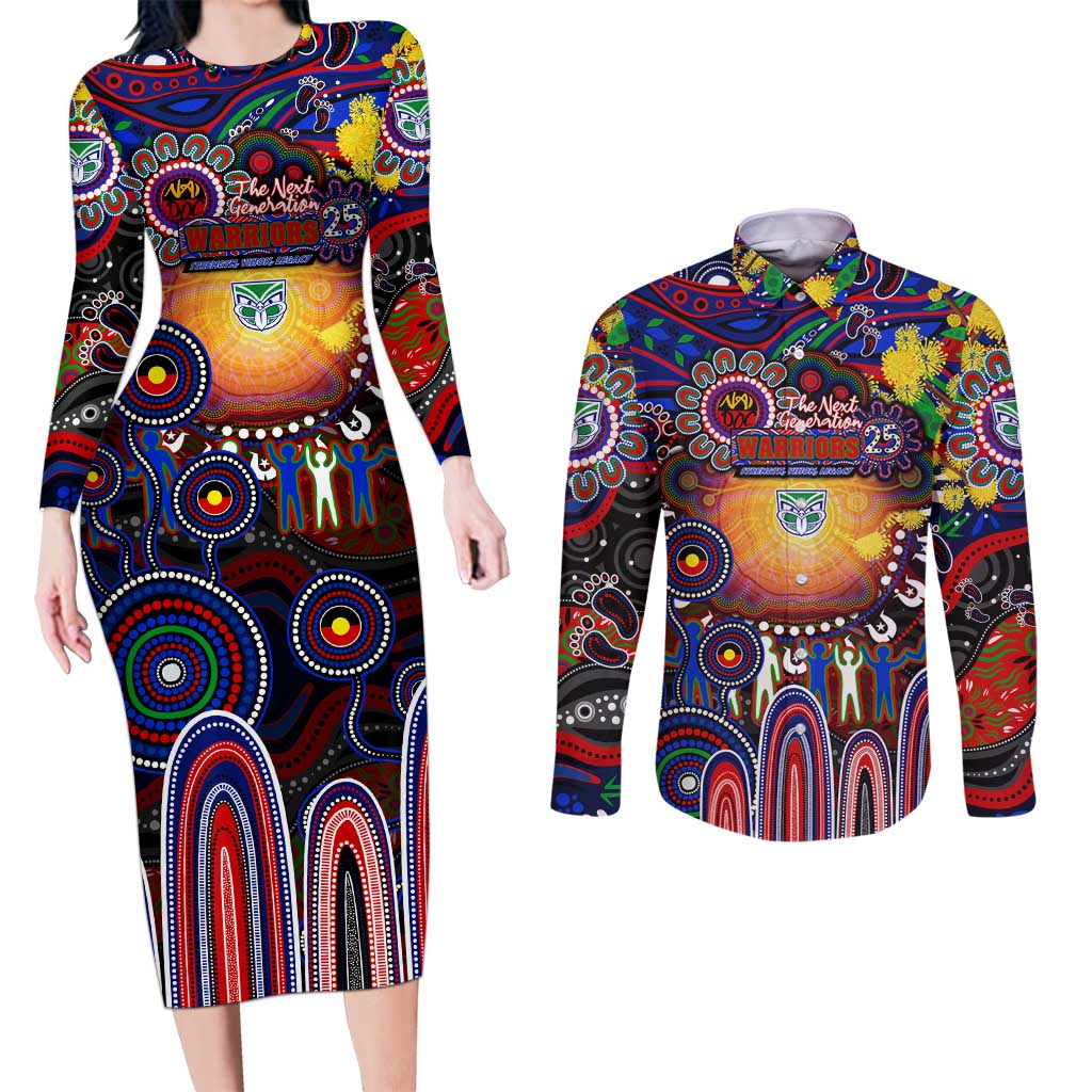 Personalised NAIDOC Week 2025 Warriors Rugby Couples Matching Long Sleeve Bodycon Dress and Long Sleeve Button Shirt Aboriginal Dot Painting