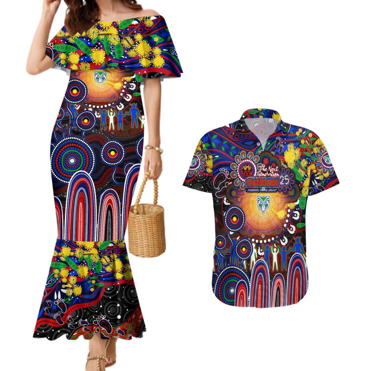 Personalised NAIDOC Week 2025 Warriors Rugby Couples Matching Mermaid Dress and Hawaiian Shirt Aboriginal Dot Painting