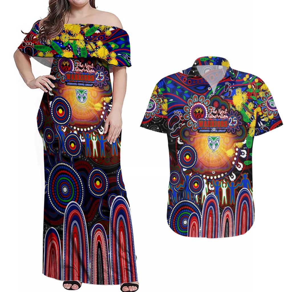 Personalised NAIDOC Week 2025 Warriors Rugby Couples Matching Off Shoulder Maxi Dress and Hawaiian Shirt Aboriginal Dot Painting