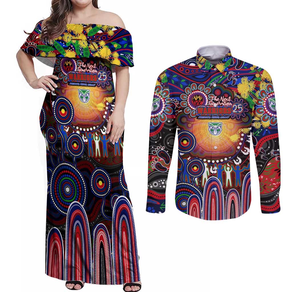 Personalised NAIDOC Week 2025 Warriors Rugby Couples Matching Off Shoulder Maxi Dress and Long Sleeve Button Shirt Aboriginal Dot Painting