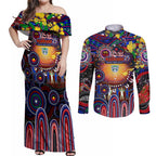 Personalised NAIDOC Week 2025 Warriors Rugby Couples Matching Off Shoulder Maxi Dress and Long Sleeve Button Shirt Aboriginal Dot Painting