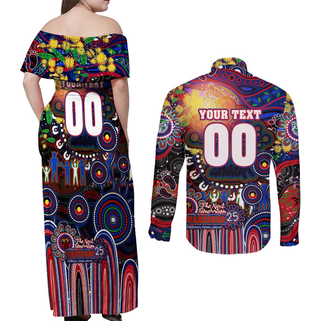Personalised NAIDOC Week 2025 Warriors Rugby Couples Matching Off Shoulder Maxi Dress and Long Sleeve Button Shirt Aboriginal Dot Painting