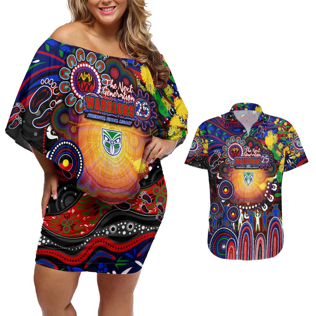 Personalised NAIDOC Week 2025 Warriors Rugby Couples Matching Off Shoulder Short Dress and Hawaiian Shirt Aboriginal Dot Painting