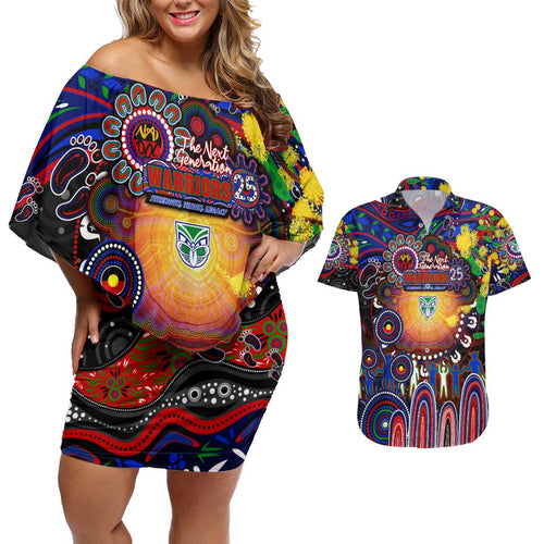 Personalised NAIDOC Week 2025 Warriors Rugby Couples Matching Off Shoulder Short Dress and Hawaiian Shirt Aboriginal Dot Painting
