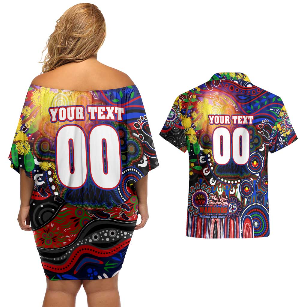 Personalised NAIDOC Week 2025 Warriors Rugby Couples Matching Off Shoulder Short Dress and Hawaiian Shirt Aboriginal Dot Painting