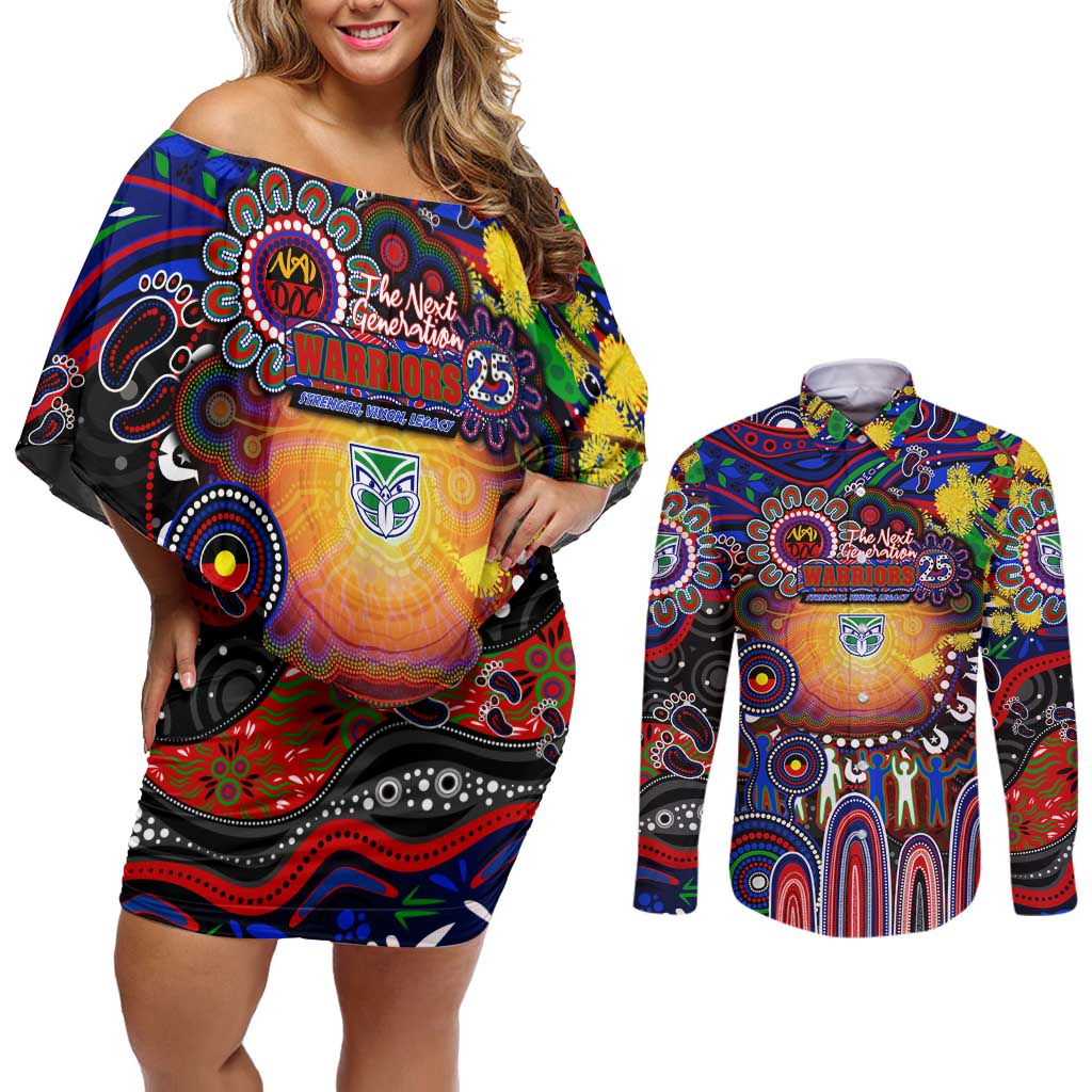 Personalised NAIDOC Week 2025 Warriors Rugby Couples Matching Off Shoulder Short Dress and Long Sleeve Button Shirt Aboriginal Dot Painting