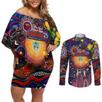 Personalised NAIDOC Week 2025 Warriors Rugby Couples Matching Off Shoulder Short Dress and Long Sleeve Button Shirt Aboriginal Dot Painting