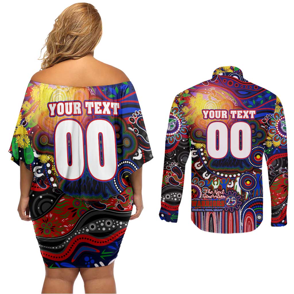 Personalised NAIDOC Week 2025 Warriors Rugby Couples Matching Off Shoulder Short Dress and Long Sleeve Button Shirt Aboriginal Dot Painting