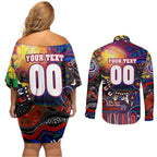 Personalised NAIDOC Week 2025 Warriors Rugby Couples Matching Off Shoulder Short Dress and Long Sleeve Button Shirt Aboriginal Dot Painting
