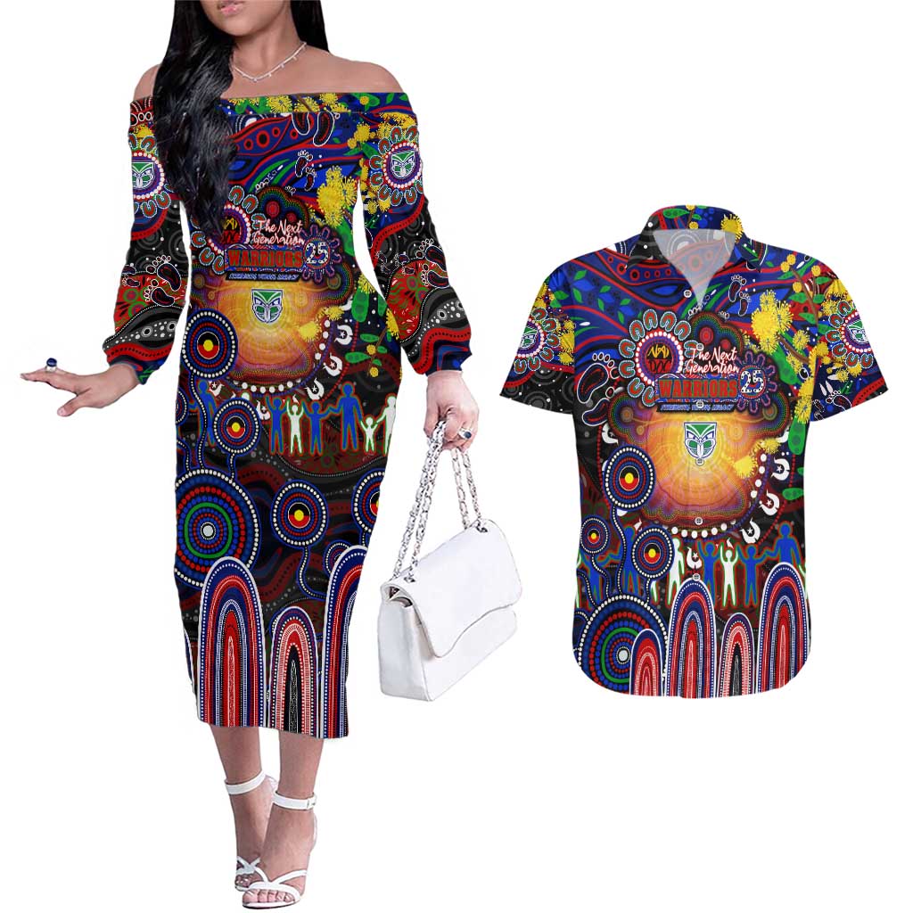 Personalised NAIDOC Week 2025 Warriors Rugby Couples Matching Off The Shoulder Long Sleeve Dress and Hawaiian Shirt Aboriginal Dot Painting
