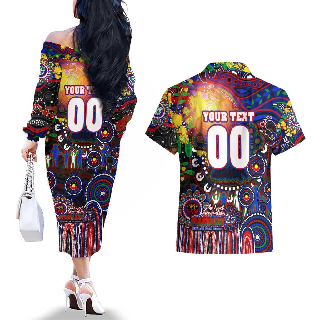 Personalised NAIDOC Week 2025 Warriors Rugby Couples Matching Off The Shoulder Long Sleeve Dress and Hawaiian Shirt Aboriginal Dot Painting