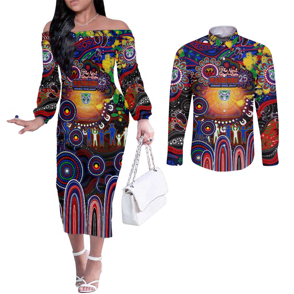 Personalised NAIDOC Week 2025 Warriors Rugby Couples Matching Off The Shoulder Long Sleeve Dress and Long Sleeve Button Shirt Aboriginal Dot Painting