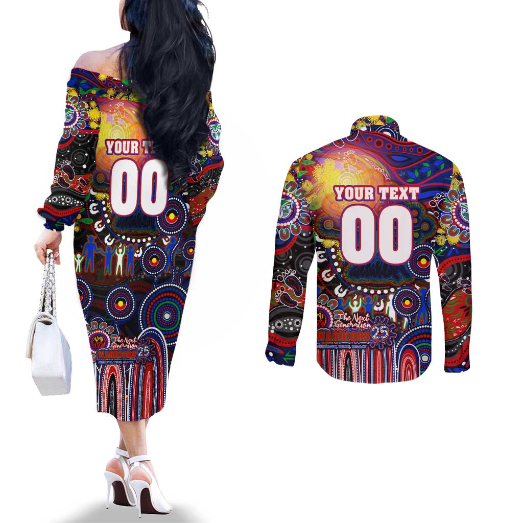 Personalised NAIDOC Week 2025 Warriors Rugby Couples Matching Off The Shoulder Long Sleeve Dress and Long Sleeve Button Shirt Aboriginal Dot Painting