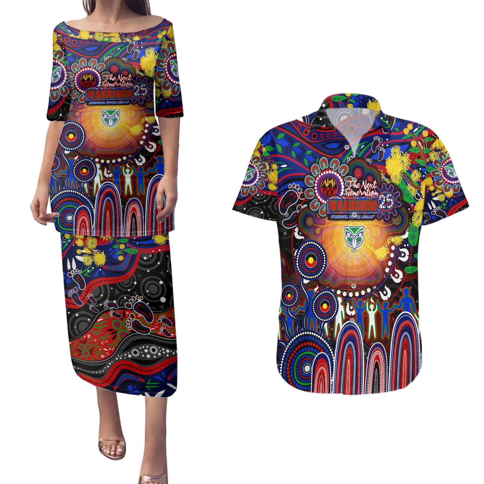 Personalised NAIDOC Week 2025 Warriors Rugby Couples Matching Puletasi and Hawaiian Shirt Aboriginal Dot Painting