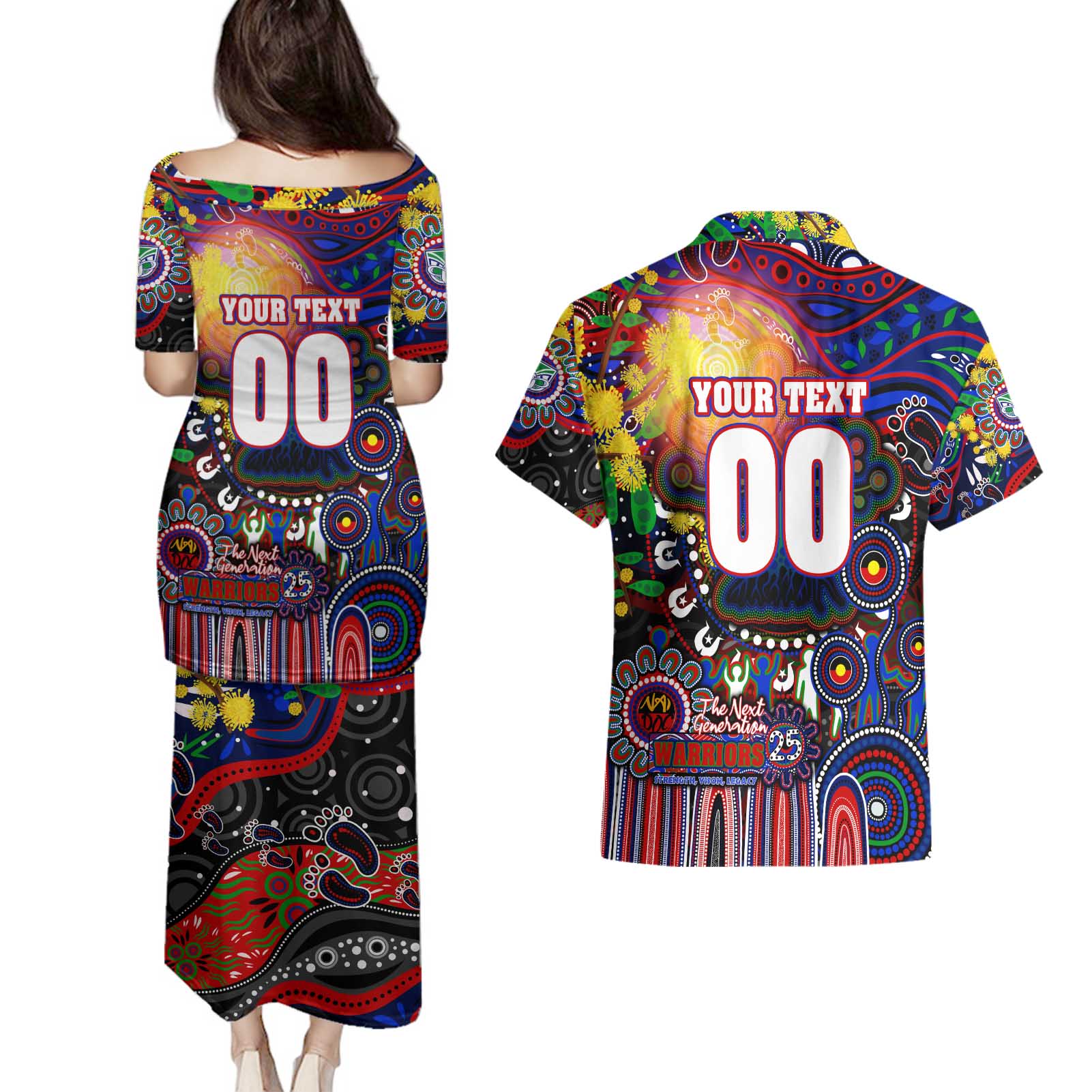 Personalised NAIDOC Week 2025 Warriors Rugby Couples Matching Puletasi and Hawaiian Shirt Aboriginal Dot Painting