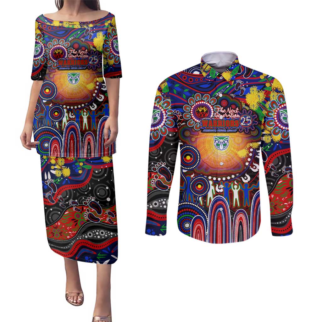 Personalised NAIDOC Week 2025 Warriors Rugby Couples Matching Puletasi and Long Sleeve Button Shirt Aboriginal Dot Painting