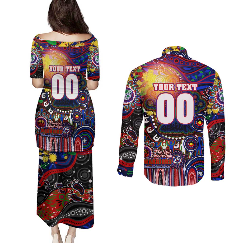 Personalised NAIDOC Week 2025 Warriors Rugby Couples Matching Puletasi and Long Sleeve Button Shirt Aboriginal Dot Painting